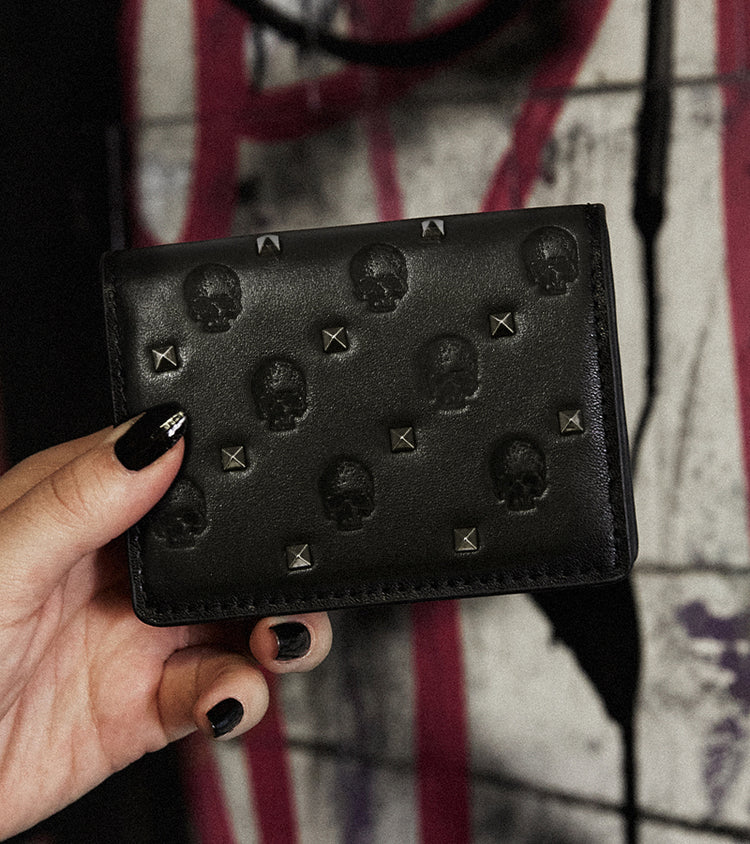 Marrowbone Leather Sacred Leather Card Wallet with skulls and square rivets